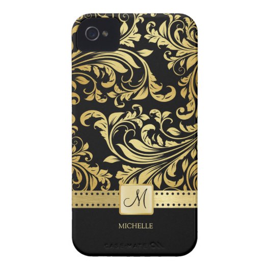 Elegant Black and Gold Damask with Monogram Case-Mate iPhone Case (Back)