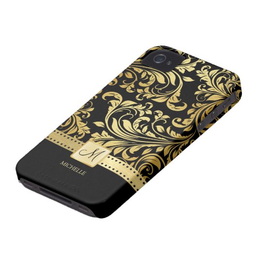 Elegant Black and Gold Damask with Monogram Case-Mate iPhone Case (Bottom)