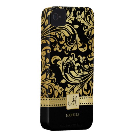 Elegant Black and Gold Damask with Monogram Case-Mate iPhone Case (Back/Right)