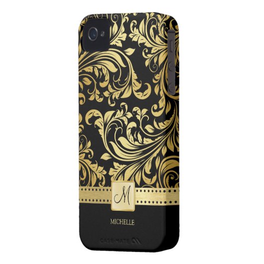 Elegant Black and Gold Damask with Monogram Case-Mate iPhone Case (Back Left)