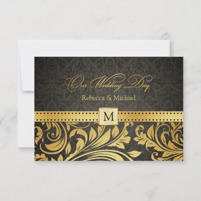 Elegant Black and Gold Damask with Monogram RSVP (Front)