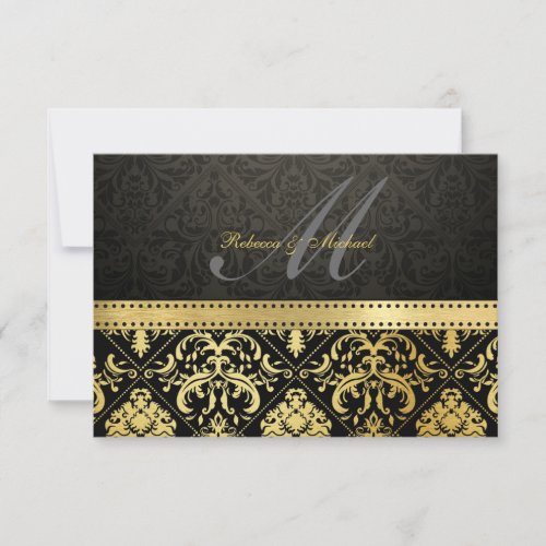 Elegant Black and Gold Damask with Monogram RSVP