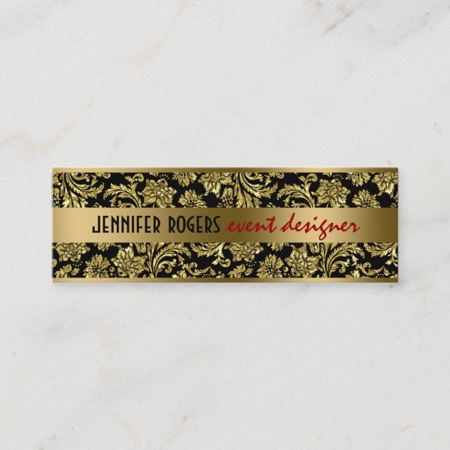 Elegant Black And Gold Damasks And Stripes 2 Mini Business Card (Front)