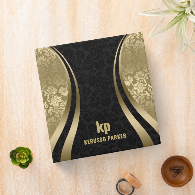 Elegant Black And Gold Damasks Dynamic Stripe 3 Ring Binder (In Situ)