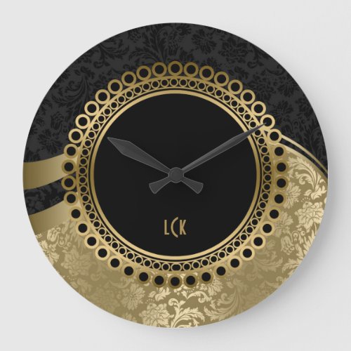 Elegant Black And Gold Damasks Ornate Frame Large Clock