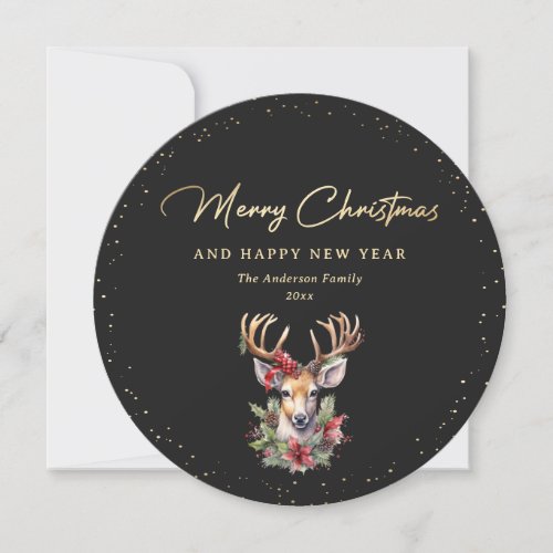 Elegant Black and Gold Deer Merry Christmas Holiday Card