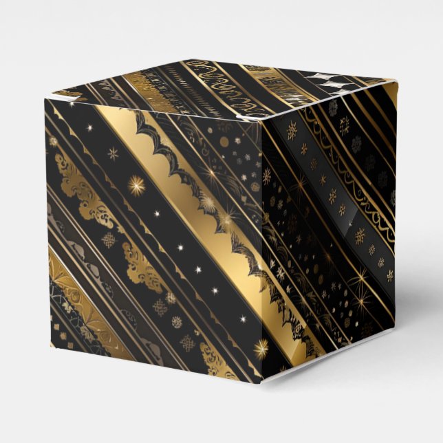 Elegant Black And Gold Diagonal Striped Cube Favor Boxes (Front Side)