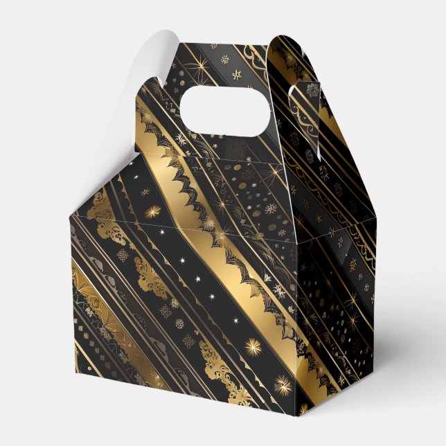 Elegant Black And Gold Diagonal Striped Gable Favor Boxes (Front Side)