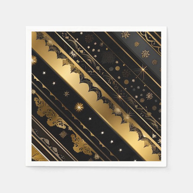 Elegant Black And Gold Diagonal Striped Napkins (Front)