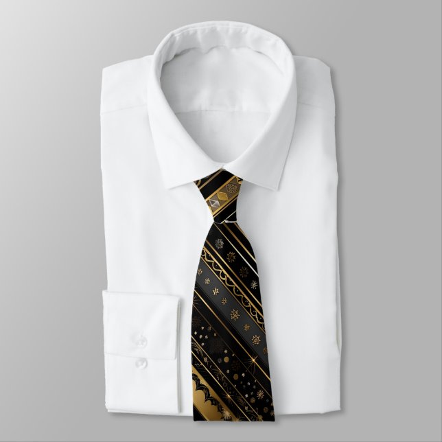 Elegant Black And Gold Diagonal Striped Neck Tie (Tied)