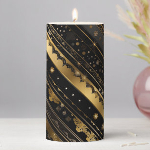 Elegant Black And Gold Diagonal Striped Pillar Candle
