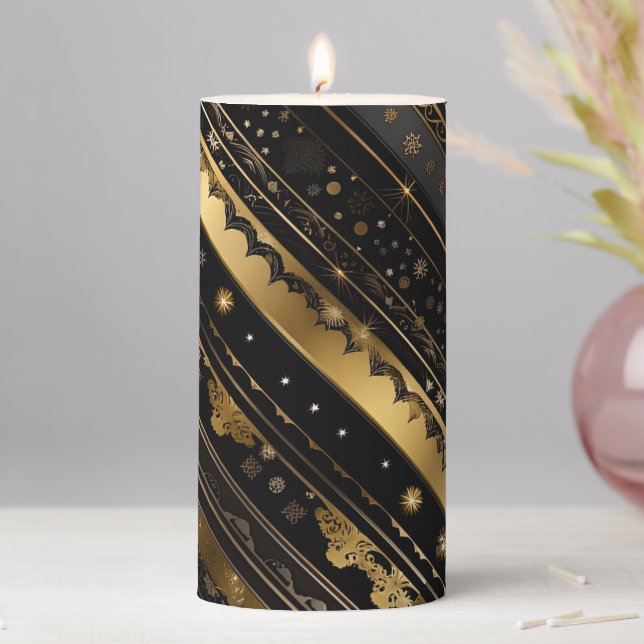 Elegant Black And Gold Diagonal Striped Pillar Candle (In Situ)