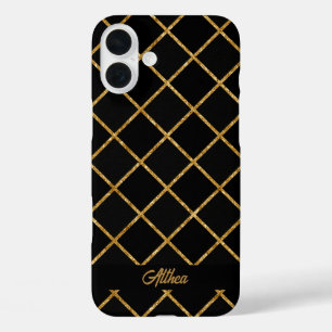 Elegant  Black and Gold Diamond Personalized Name  iPhone 16 Plus Case