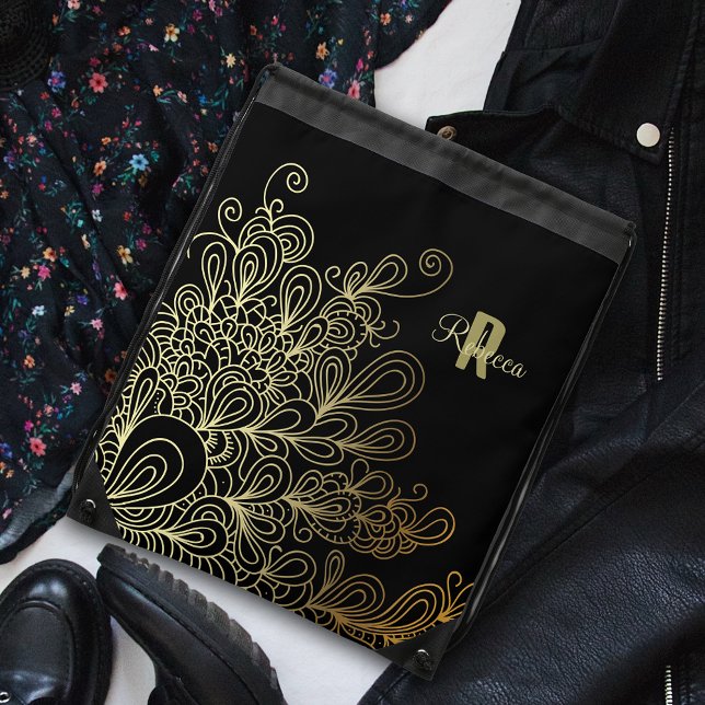 Elegant Black and Gold Doodle Art Monogram Drawstring Bag (Creator Uploaded)