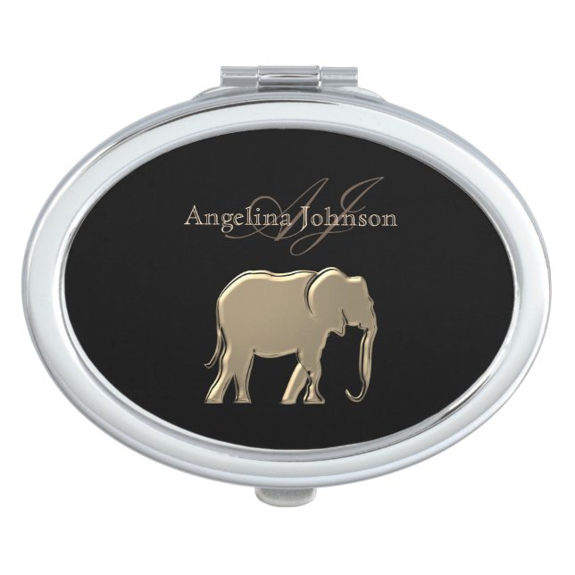 Elegant Black and Gold Elephant Monogrammed Mirror For Makeup (Front)