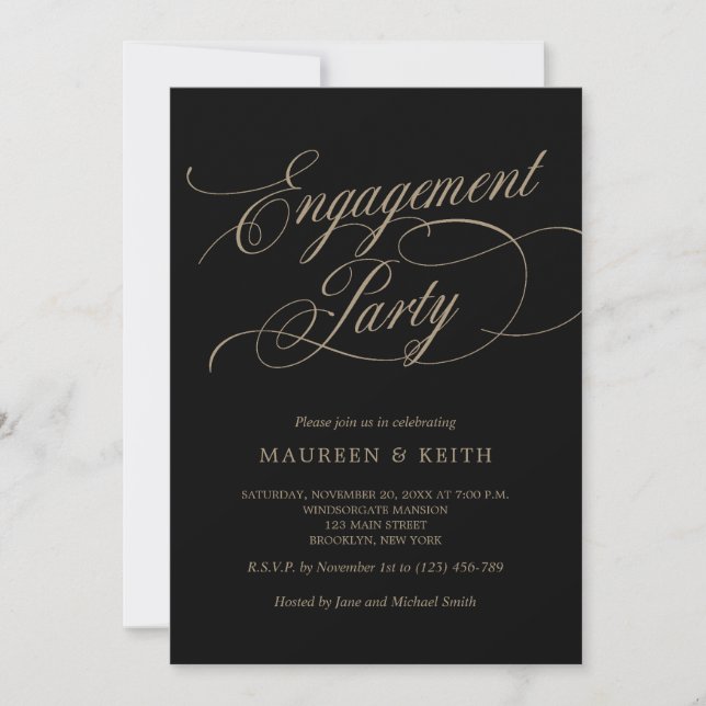 Elegant black and Gold Engagement Party  Invitation (Front)