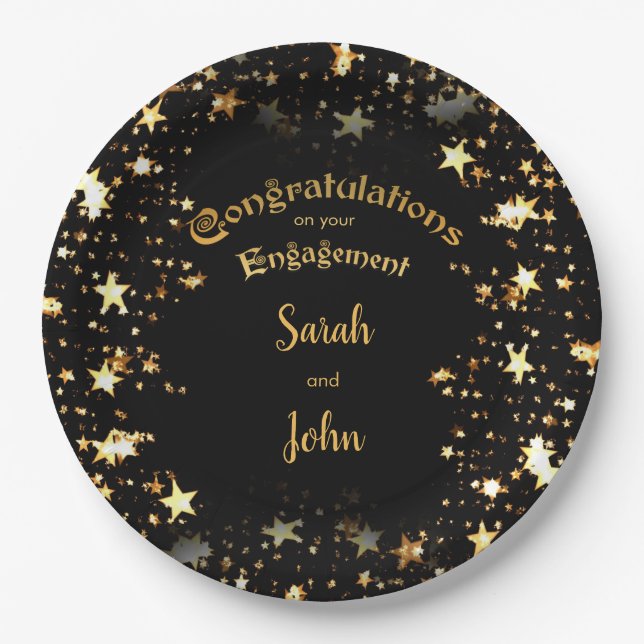 Elegant Black and Gold Engagement Party Paper Plates (Front)