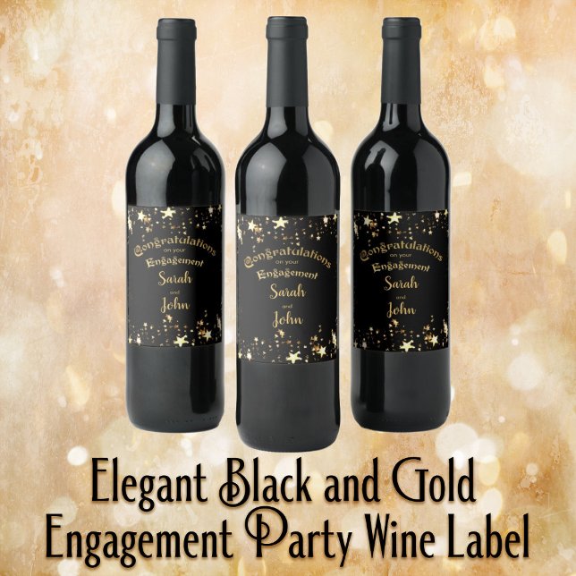 Elegant Black and Gold Engagement Party Wine Label (Creator Uploaded)
