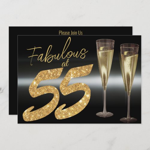 Elegant Black and Gold Fabulous at 55 Party Invitation