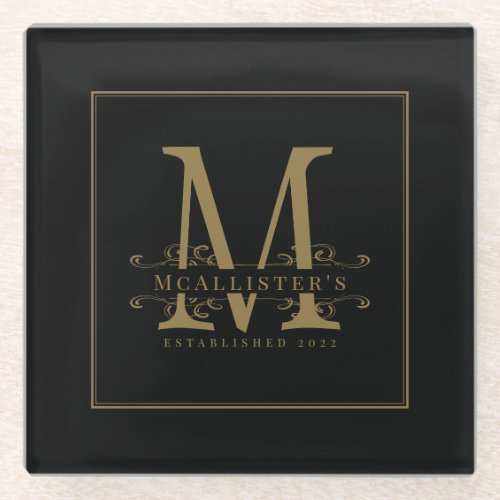 Elegant Black and Gold Family Monogram Classy   Glass Coaster