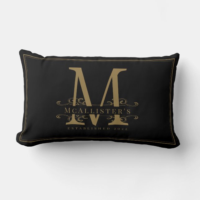 Elegant Black and Gold Family Monogram Establish  Lumbar Pillow (Front)