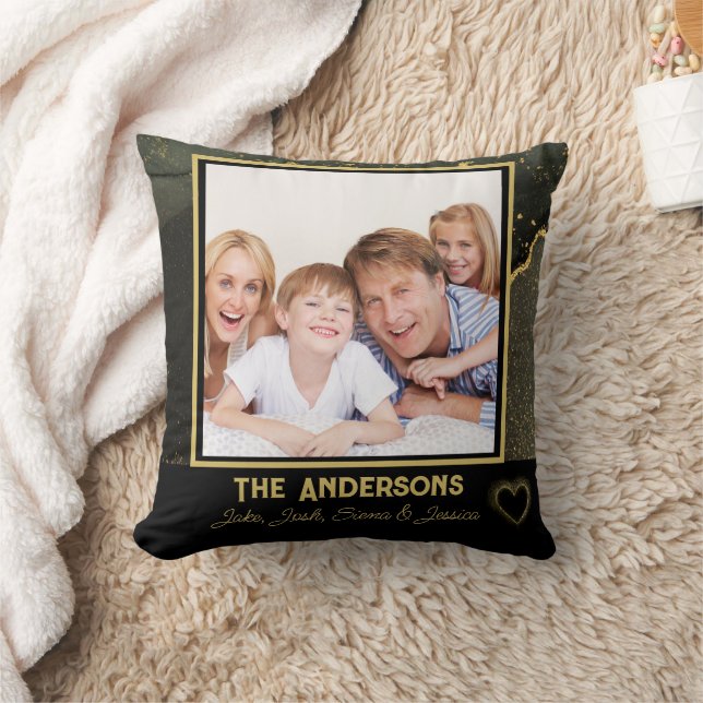 Elegant black and gold Family name and photo  Throw Pillow (Blanket)