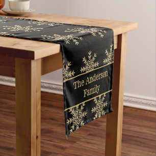 Elegant Black and Gold Family Name Christmas Short Table Runner