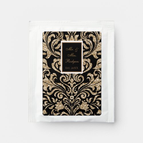 Elegant Black and Gold Faux Glitter Wedding Tea Bag Drink Mix