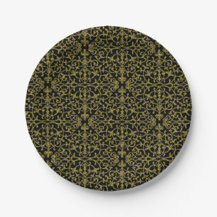 Elegant Black and Gold Filigree Pattern Paper Plates