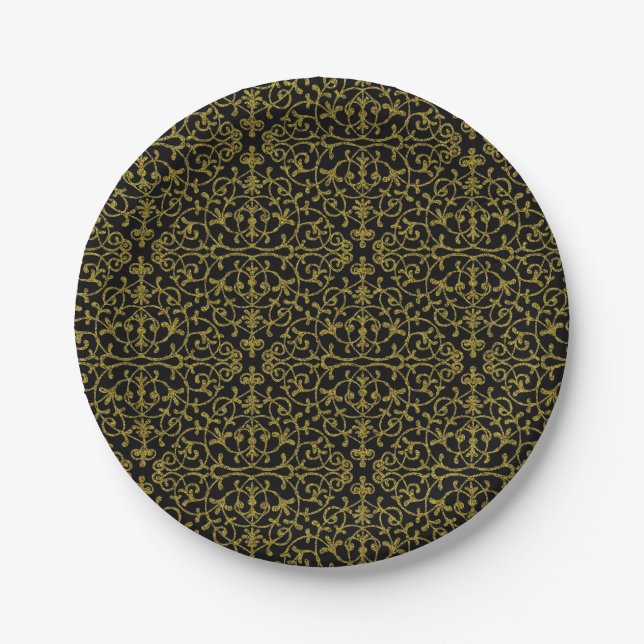 Elegant Black and Gold Filigree Pattern Paper Plates (Front)