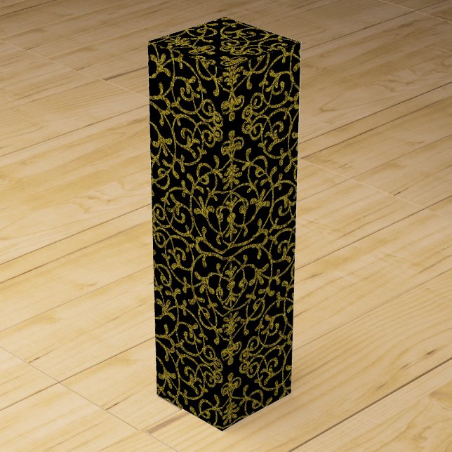 Elegant Black and Gold Filigree Pattern Wine Box (Front)