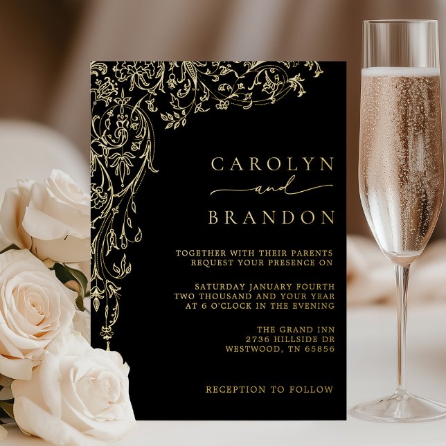 Elegant Black and Gold Filigree Wedding Foil Invitation (Elegant Black and Gold Filigree Wedding Foil Invitation)