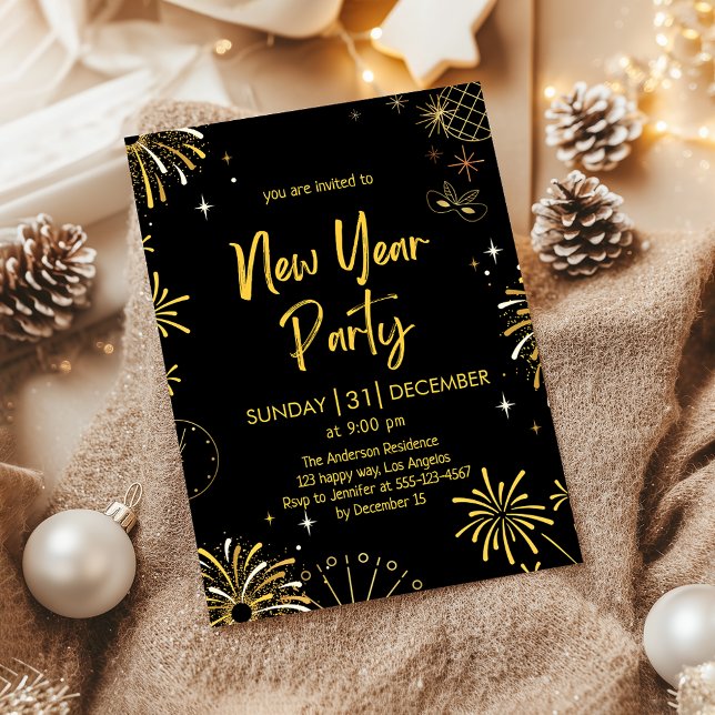 Elegant Black and Gold Fireworks New Year’s Eve  Invitation (Creator Uploaded)