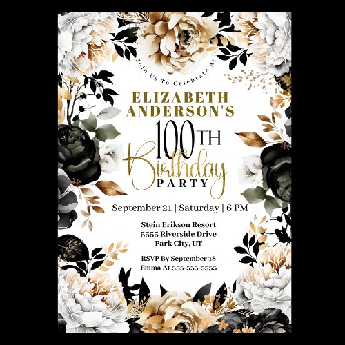 Elegant Black and Gold Floral 100th Birthday Invitation