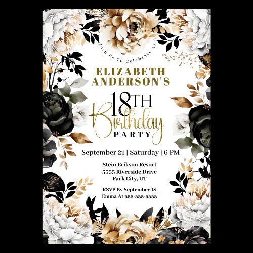 Elegant Black and Gold Floral 18th Birthday Invitation