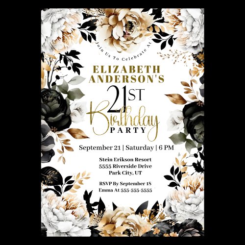 Elegant Black and Gold Floral 21st Birthday Invitation