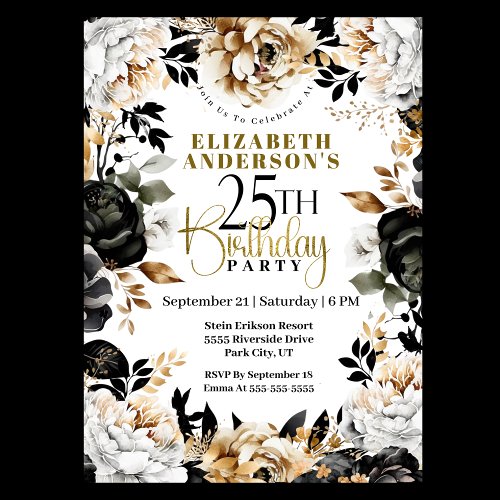 Elegant Black and Gold Floral 25th Birthday Invitation