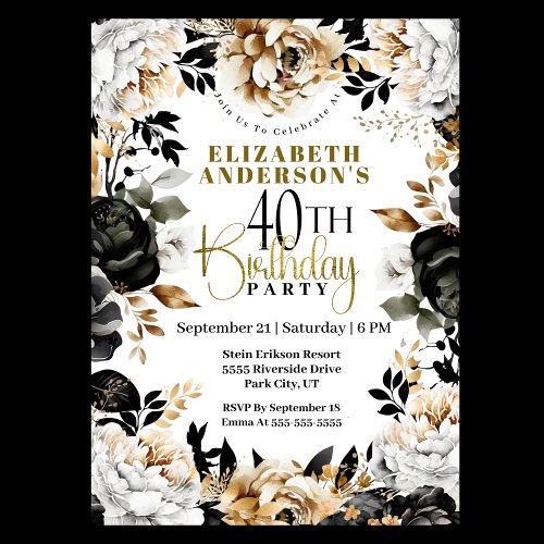 Elegant Black and Gold Floral 40th Birthday Invitation