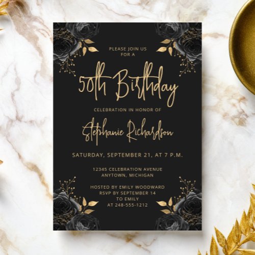 Elegant Black and Gold Floral 50th Birthday Party Invitation