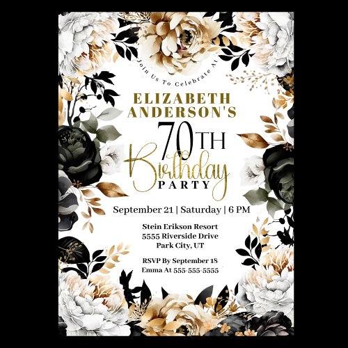 Elegant Black and Gold Floral 70th Birthday Invitation
