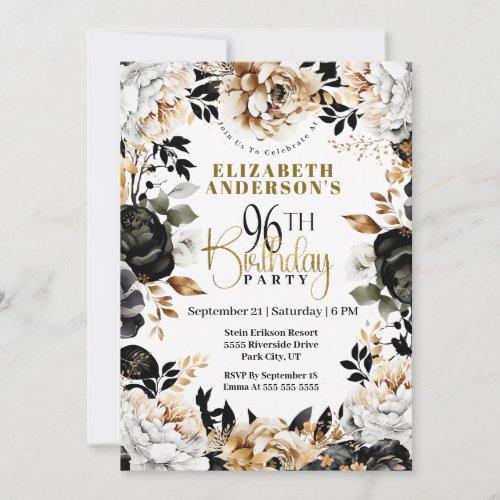 Elegant Black and Gold Floral 96th Birthday Invitation