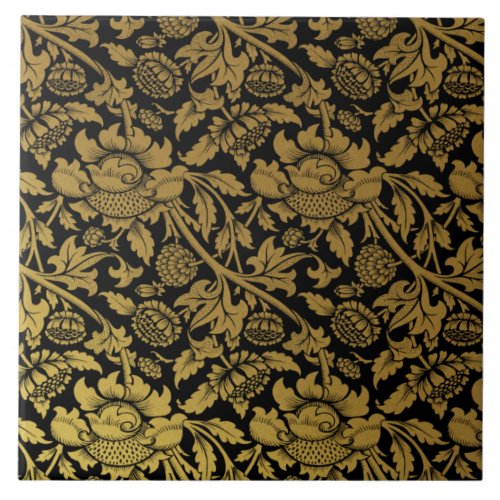 Elegant Black and Gold Floral and Leaf Pattern Ceramic Tile