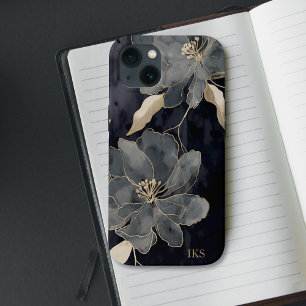 Elegant Black and Gold Floral Art Monogram iPhone 13 Case