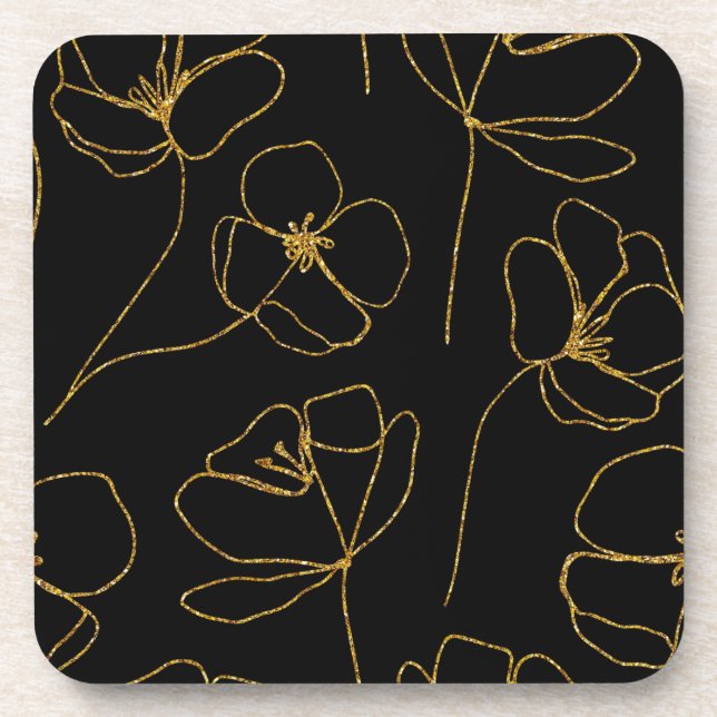 Elegant Black and Gold Floral   Beverage Coaster (Front)