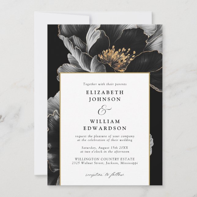 Elegant Black And Gold Floral Chic Wedding Invitation (Front)