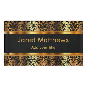 Elegant Black and Gold Floral Damask Name Tag