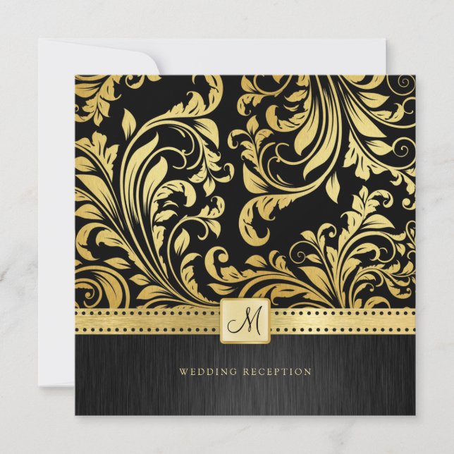 Elegant Black and Gold Floral Damask Reception Invitation (Front)