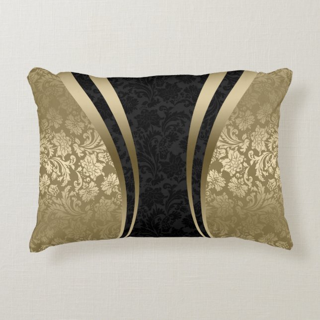 Elegant Black And Gold Floral Damasks Accent Pillow (Front)