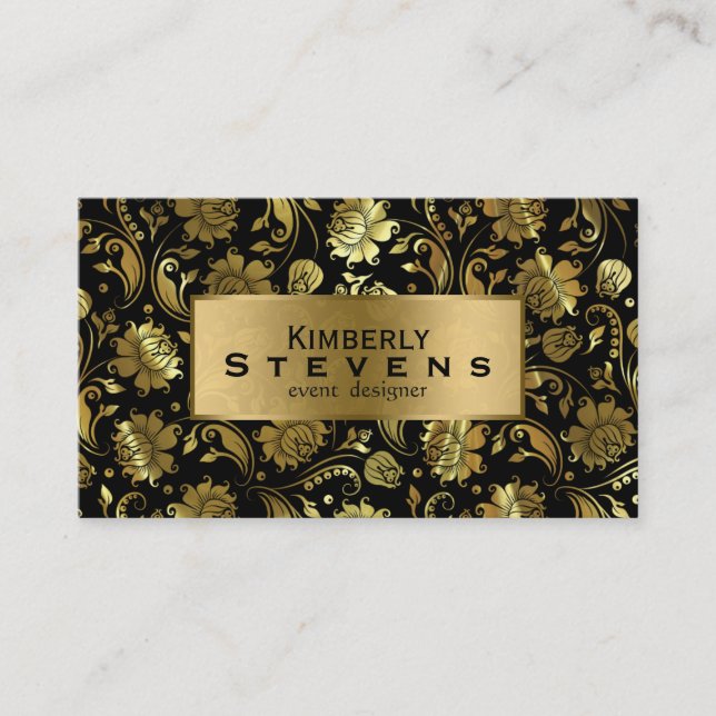 Elegant Black And Gold Floral Damasks Business Card (Front)