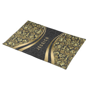 Elegant Black And Gold Floral Damasks Cloth Placemat
